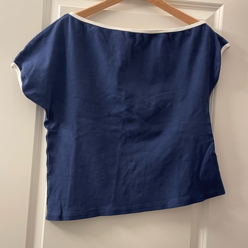 BDG Dark Blue Short Sleeve Asymmetrical Top with White Accents